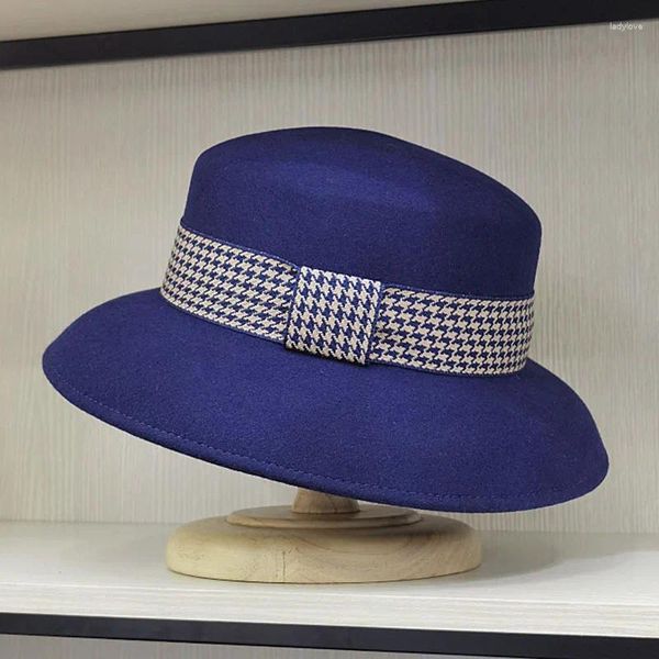 Boinas de lã de lã Felta de chapéu largo de abrangência Chapéus de inverno para mulheres banda xadrez cloche vestido de noiva Fedora