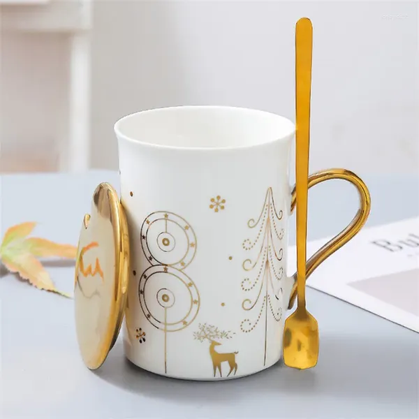 Tassen Keramik Weihnachtsbecher Kreatives Licht Luxus Paar Wasserbecher Porzellanmilch mit Deckel und Löffel Büro Teetanden Geschenk