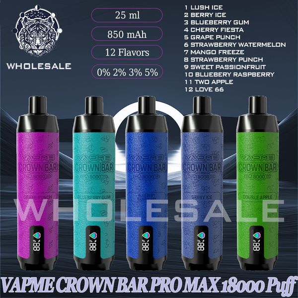 VapMe Crown Bar Pro Max 18000 Puff Disponível 25ml A pré-preenchido de 850mAh Bateria recarregável pré-carregada 0% 2% 3% 5% Dispositivo de vaporizador de nível 12 sabores em estoque