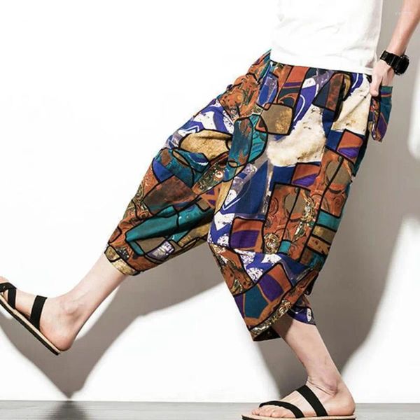 Pantaloni da uomo uomini design a fessura bloomer casual stampato retrò in stile etnico con tasche laterali per