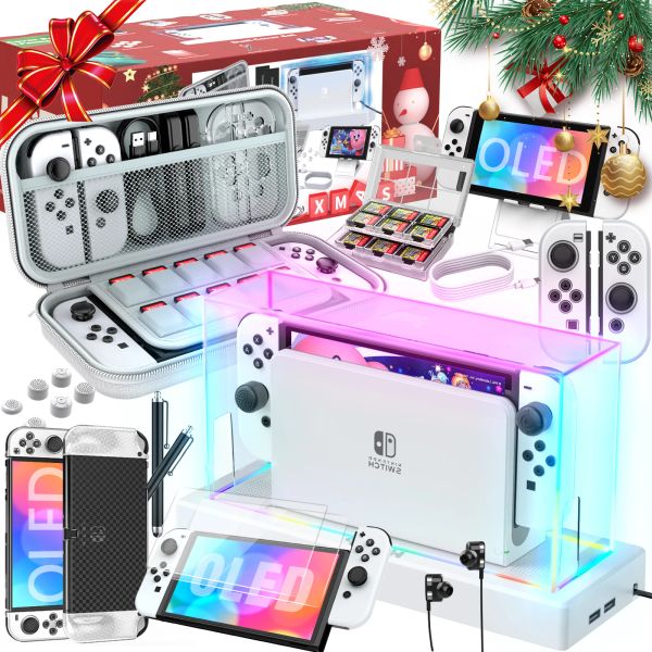 Fälle 25 in 1 Nintendo Switch OLED Luminous Base Geschenkpack RGB LED -Staubabdeckung und tragbare Reisehandtasche und andere Zubehör