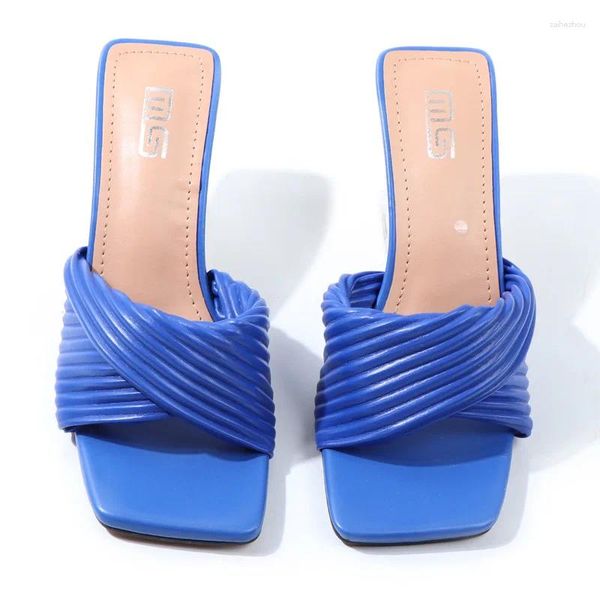 Pantofole donne pieghettate sandali di moda blu champagne trasparenti tallone spesse mueller da 8 cm tacchi alti dimensioni 42