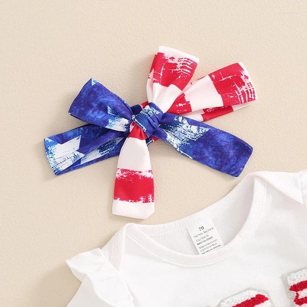 Kleidung Sets Baby Girls Patriotic Outfit Brief Stickerei Kurzärmel Strampler und Sternstreifen Flare Hosen Stirnband 3 -teilige Kleidung