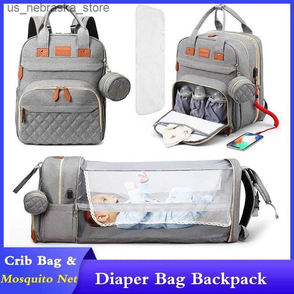 Bolsas de fraldas 3 em 1 Backpack dobrável Berço dobrável Bolsa de viagem à prova d'água com carregamento USB Mochila dobrável com cama variável tipo 3 Q240418