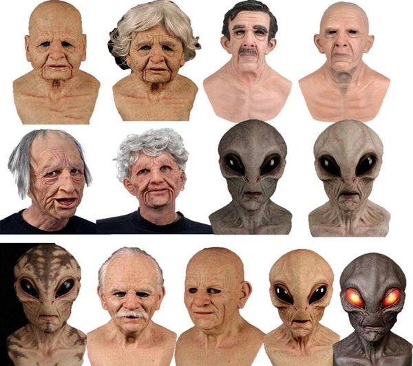 Европейский и американский старик, маскируется в НЛО инопланетная маска, лысая голова красивой парень молодой красавица