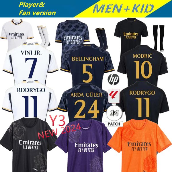 24 25 Vini Jr Jerseys Bellingham Fãs Jogador Y3 Versão Joint Camavinga Tchouameni Valverde Asensio Modric Real Madrid 2024 2025 Camisa de futebol masculino Kits Kids Kits Kits