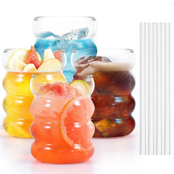 Weingläser 4pcs kreativer Glasbecher mit Strohhalmblasen Blasen 10 Unzen breit geöffneter gerippter Saft Ice Coffee Tasse Getränkeware