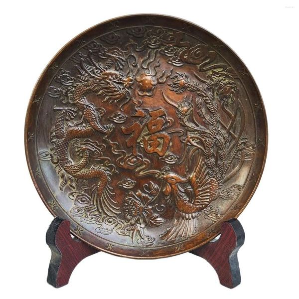 Figurine decorative Drago di bronzo e Phoenix Art Sculpture Decoration Casa Desktop Crafts Cince Antique Collection Plate