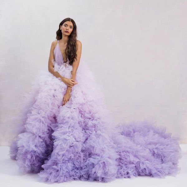 Vestidos casuais gradiente de sonho de lavanda lavanda de tule de tule de tule, vestidos de noiva de decote em v altivo