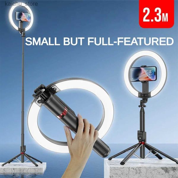 Selfie Monopods Aluminium Telescópica Self Selp com 10 polegadas de preenchimento redondo Luz de telefone 2.3m para gravação de vídeo e transmissão ao vivo Y240418