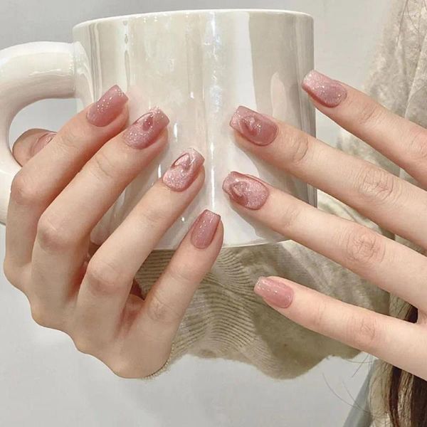 Falsche Nägel 24 pcs französische Ballerina gefälschte Presse auf Katzenauge Herz voll abdecken kurze abnehmbare Nagelspitzen