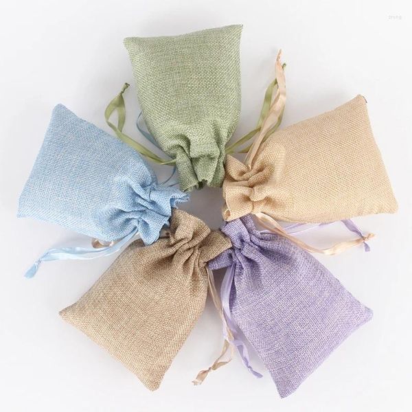 Einkaufstaschen 10pcs/Lot 10x15cm Sackleinen Jute Leinen Kordelkordelbeutel wiederverwendbarer Schmuck Weihnachten Rustikale Tasche können drucken