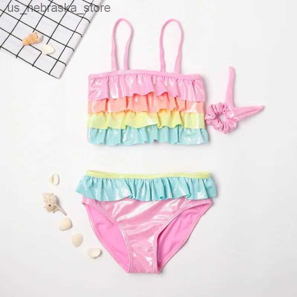 One-Pieces TUONXYE Summer Girl Cute Rainbow Childrens Split Swimwear with Folded Edge Triangle Swimwear Fashion Bikini Swimwear (Gift) Q240418