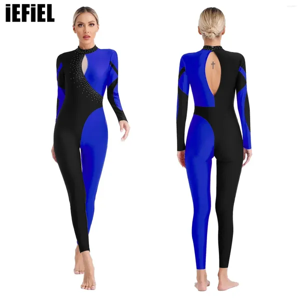 Bühne Wear Womens Figure Skating Dance Bodysuit Kontrast Farbe Patchwork Gymnastik Jumpsuit Glitzer Strasssteine Schlüsselloch zurückkostüm