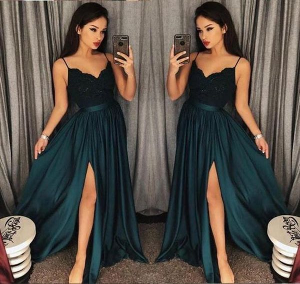 Mermaid Blue Slit Mermaid Dresses 2018 Vneck Manga longa Sweeted Sweep Sweep Sweep Arabic Evening Dalds3791052