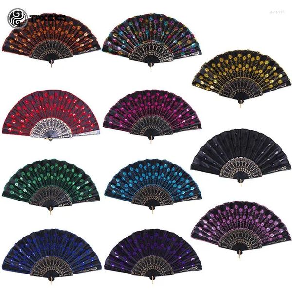 Dekorative Figuren Weihnachtstanz -Fan Regenbogenfarbe Peacock Muster Klapper Hand gehaltenes bestickter Pailletten Geschenk