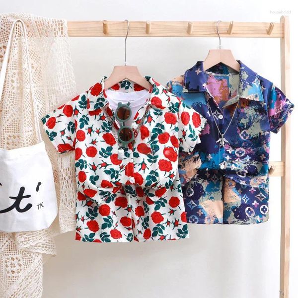 Set di abbigliamento Summer Teenage Boys Shirts Girls Grough Blouse Flower Stampa set che schizzano magliette in stile inchiostro e pantaloncini di moda 2 tiri