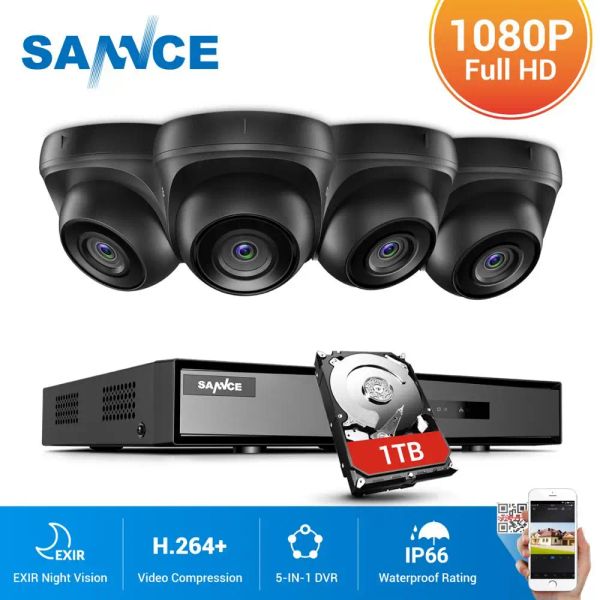 Sistema Sannce 4CH 1080N DVR CCTV SISTEMA 4PCS 1080P Câmeras de segurança IR IR INDOOUROURO IMPRESSÃO VERMULHO VÍDEO DE VÍDEO DE VÍDEO CCTV KIT