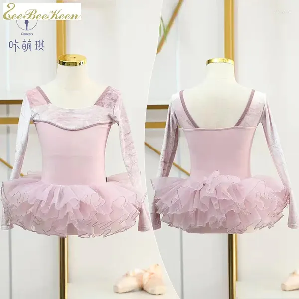 Abbigliamento da palcoscenico a maniche lunghe in velluto ginnastico ginnastico ragazze abbigliamento da balletto rosa/grigio esercitazioni ballerina per bambini danza