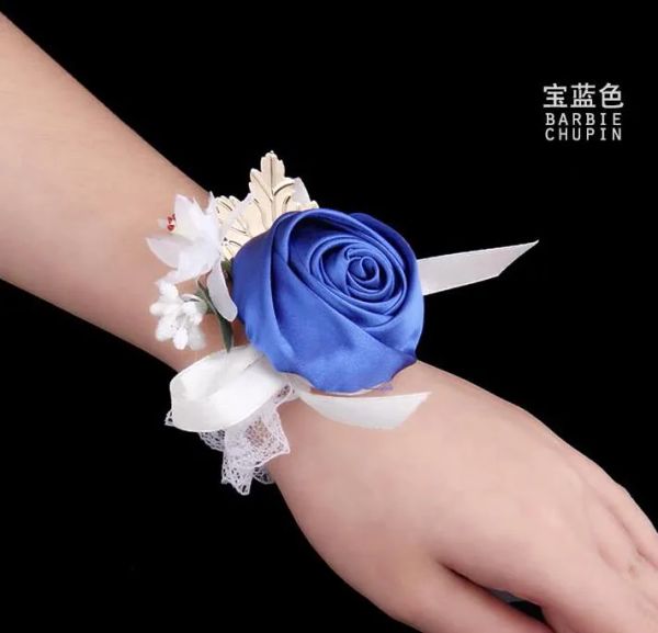 Blumen billige Brautjungfer Mädchen Handgelenk Corsage Rose Blume Organza Perlen Blumen Handblumen Handgelenk Corsages Hochzeitsbedarf Großhandel Brautbraut