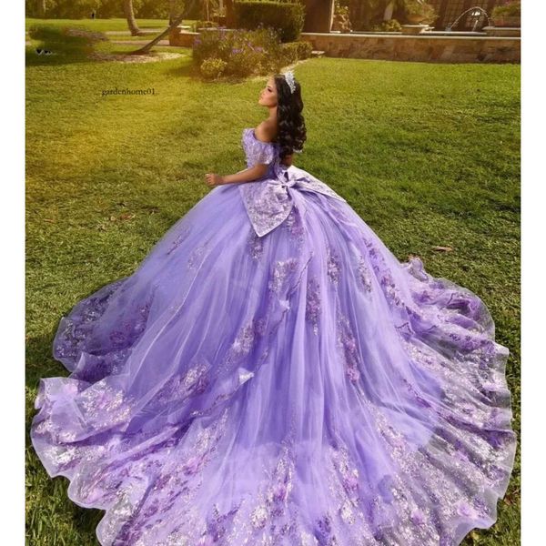 Lavendel Quinceanera Kleider mit Bogenapplikation Vestidos de 15 Anos Tüll Spitze Perlen mexikanische Mädchen Geburtstagskleider 0418