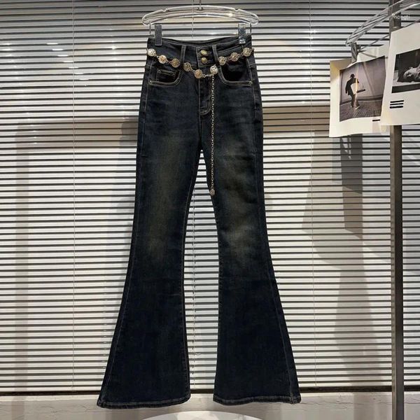 Jeans femininos Borvemays Metal Belt Chain Street Autumn 2024 Cintura alta Cores contrastantes Trend Women Wide Leg Pants WZ5403