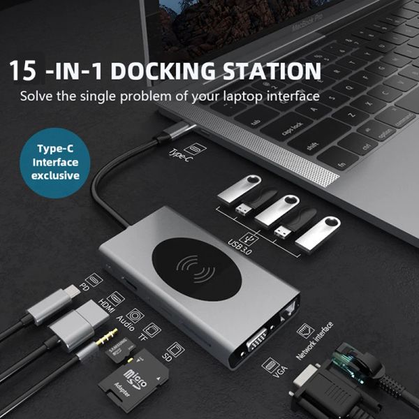 Hubs от 15 до 4 в 1 тип C USB C Hub 3.0 Беспроводное зарядное устройство RJ45 Splitter HDMI VGA Docking для MacBook Pro Accessories PC Accessories