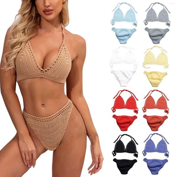 Frauen Badebekleidung Frauen 2 Stück Badeanzüge gestrickt kontrastierende Farbgurt sexy Hollow Bikini Damen String Unterwäsche Sternboden