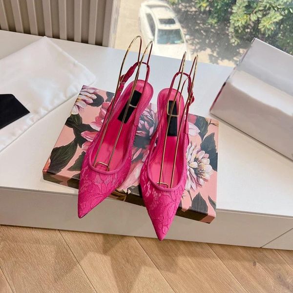 Sandálias casuais lady verão feminino sapatos de renda rosa malha pontuda de dedo pontudo salto alto stiletto stripper slingback