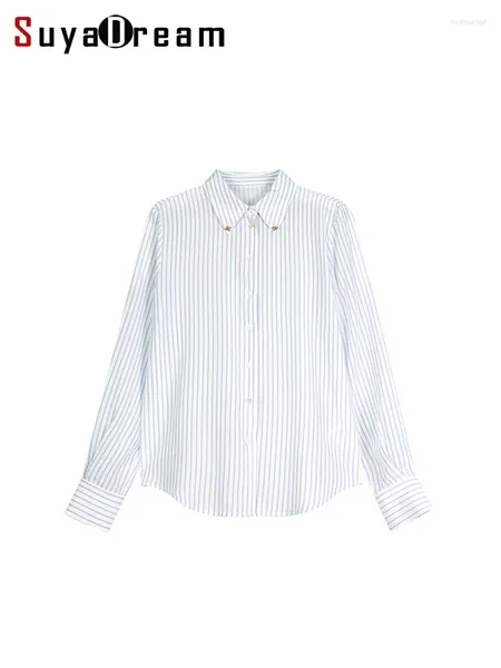 Kadınlar bluzları Suyadream Kadın Çizgili Gömlekler İpek Krep De Chine Beyaz ve Mavi 2024 İlkbahar Yaz Ofisi Lady Chic Top