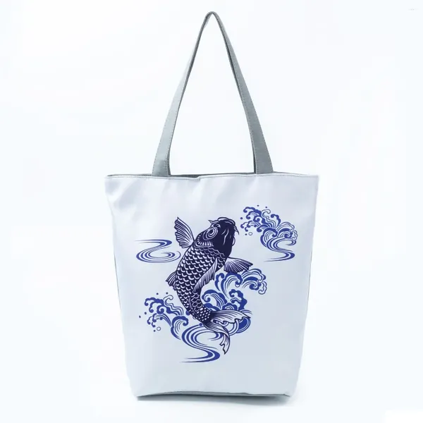 Bag Chinesischer Stil Blauer Karpfen -Druck -Tasche Women großer Kapazität ECO wiederverwendbares Einkaufskunst Outdoor -faltbare Handtasche