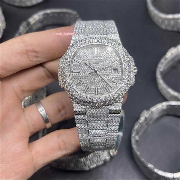 Luxury AP Diamond Iced Mosonite Can Pass Test Diamonds Populari Diamonds Orologi Big Bezel Silver Face Full Cint Owch meccanico automatico