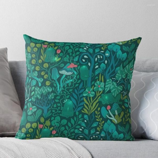 Pillow Emerald Forest Keepers.Criaturas da floresta de fadas.Plantas de árvores e cogumelos jogam capa de luxo