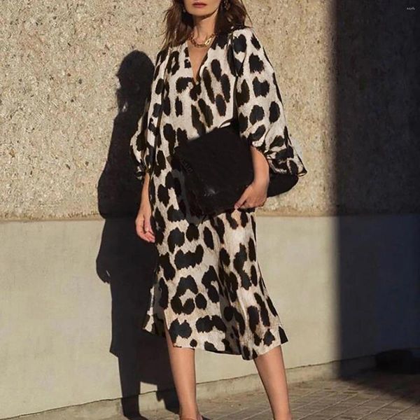 Lässige Kleider Mode elegante Frauen Sommer Beach Sundress Puffärmel temperamentvoller Stil locker mit Mitte mit Leoparden gedruckt