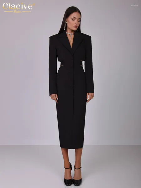Sıradan Elbiseler Clacive Moda İnce Siyah Kadın Elbisesi 2024 Zarif Yakası Uzun Kollu Ofis Ayak Bileği Uzunluğu Klasik Kadın