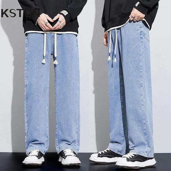 Herren Jeans Weitbein Männer Baggy Hosen losen fit hellblau elastische Taille Drawess Fasshion Größe Stipes Hosen Streetwear