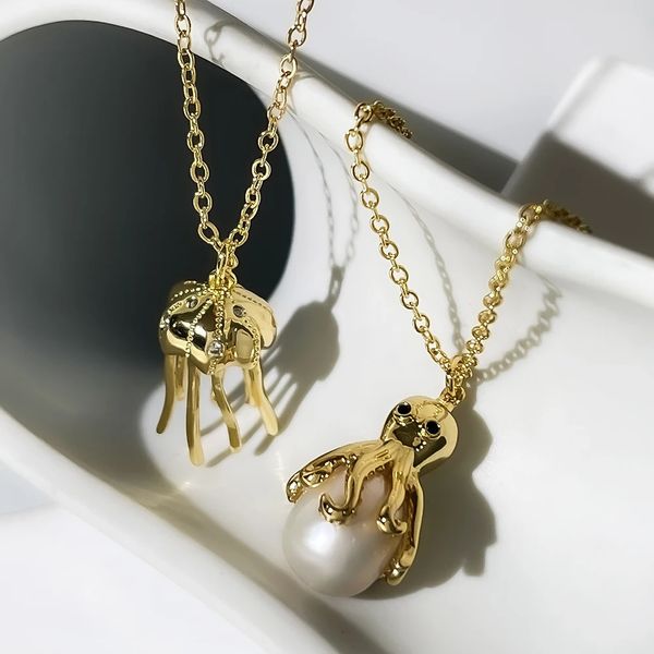 PERISBOX 18K Gold Plated Octopus Colar de água doce natural para Lady Colares de pendente de água -viva de ladia 240418