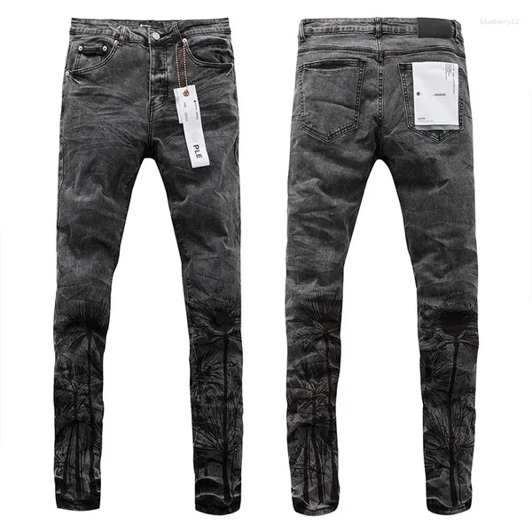 Jeans masculinos Marca roxa masculina High Street Coconut Tree Print preto calça elegante calça jeans