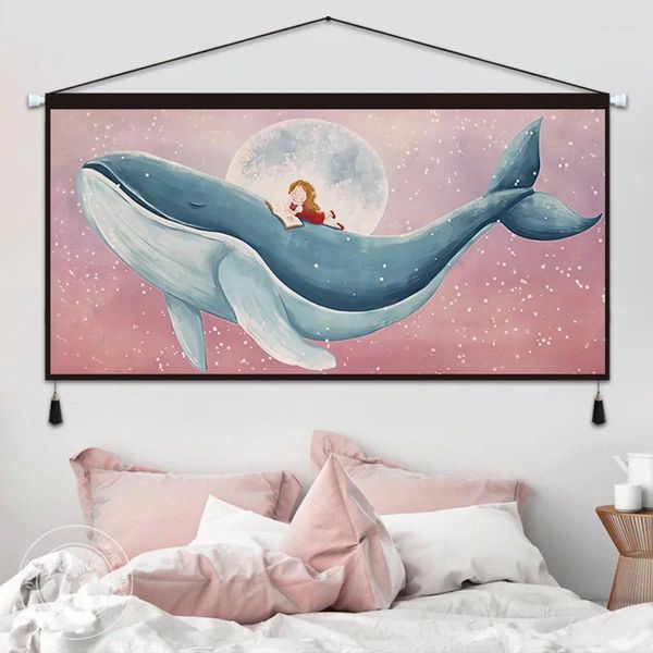 Taquestres lindos tecidos de baleia pendurada na sala de estar de entrada de fundo de tecido de cama de cabeceira renovação de tapeçaria