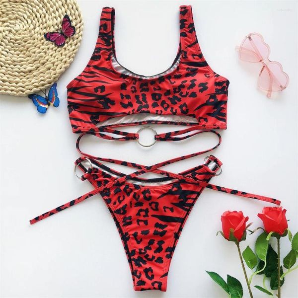 Swimwear's Swimwear Red Leopard Bikini Rings Sexy Stampa Swimsuit perizoma Donne Tankini 2 pezzi Brasiliana Bikini Bikini Bikini Sump
