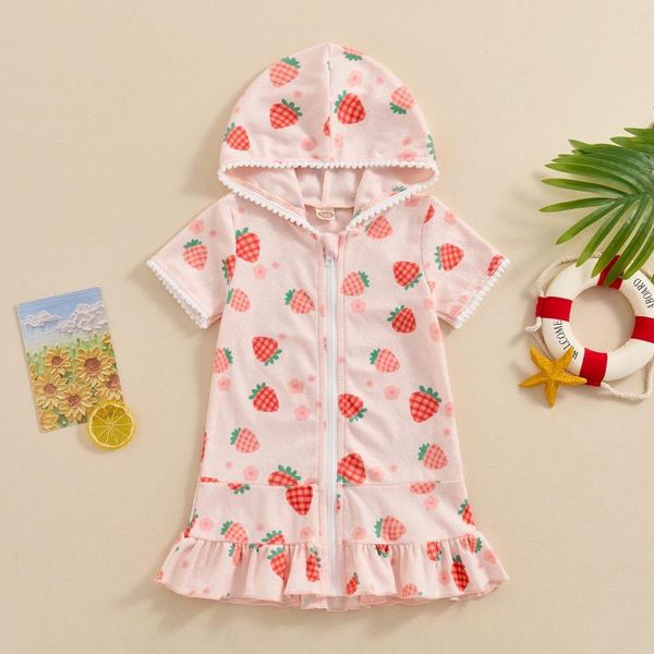 Vestidos de menina infantil de bebê de bebê tampa up roupas de praia de manga curta Morango com zíper de roupas de banho de roupas de banho de praia Cobertão de banheira com capuz