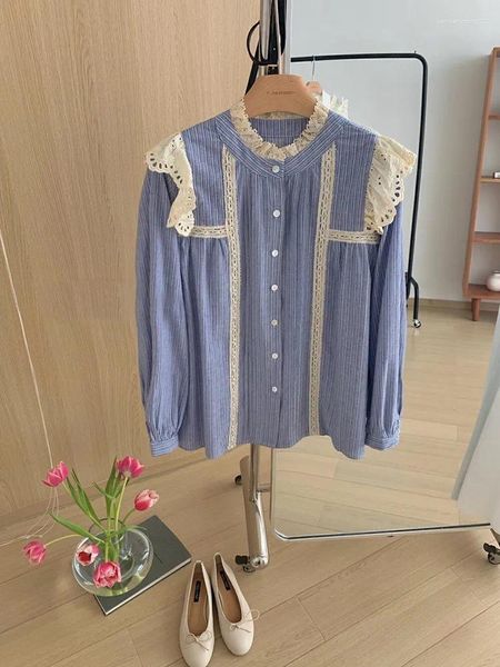 Frauenblusen Lamtrip einzigartige süße Rüschen Kawaii Mori Baumwolle Langarm Lolita Französische Lady Stripte Stand Halshemdbluse 2024 Sommer