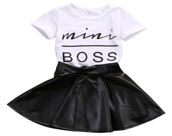 Neue Mode Kleinkind Kinder Girl Kleidung Set Sommer Kurzarm Mini -Chef T -Shirt Tops Leder Rock 2pcs Outfit Kinderanzug 8270435