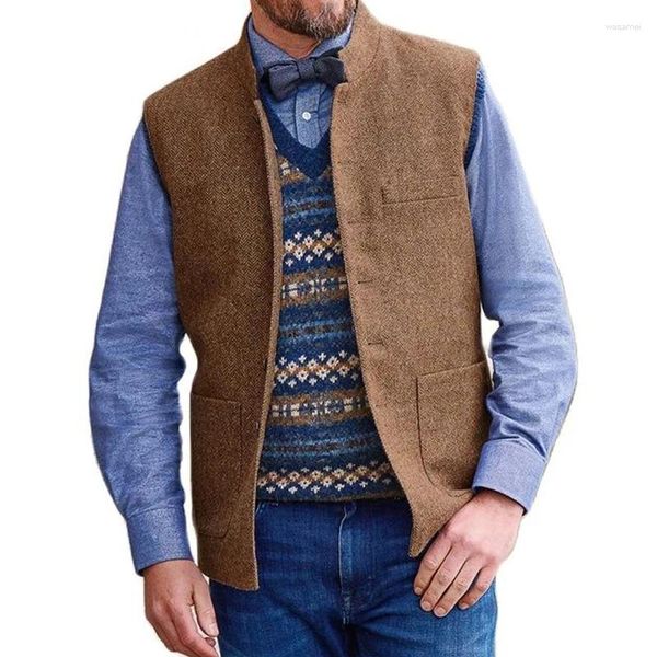 Giubbotti maschile 2024 Stupt brown stand marrone collare da matrimonio a spina di aringa in tweed signore gilet di business per costumi da sposo