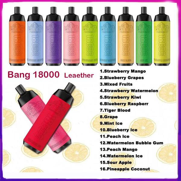 Bang 18000 Pufos de couro Puff de couro vape caneta bang bang 18k cigarro eletrônico Vapes Stick Stick Recarregável Fluxo de ar Ajuste Barra de coroa BURGO 18K VAPOR AL FAKHER