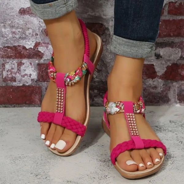 Sandálias planas de verão de rimocy para mulheres 2023 elástica tira nas costas Gladiator Woman confortável non Slip Beach Shoes 240409