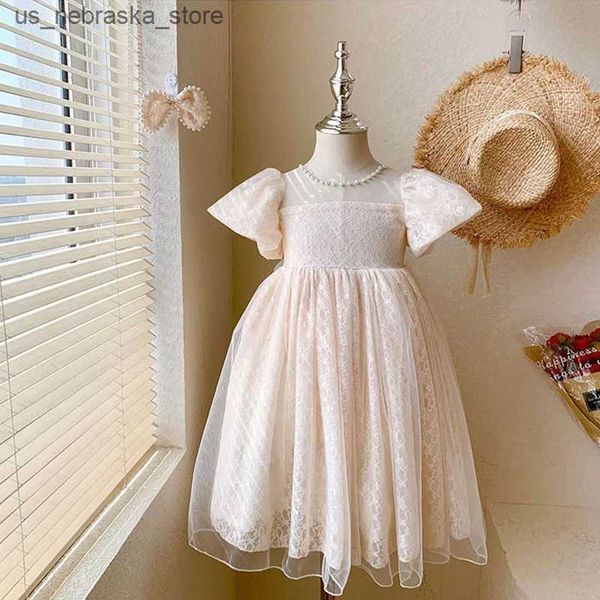 Abiti per ragazze Nuove ragazze vestito da festa estate elegante abito da principessa BEIGE MESH DREST 1-10 anni Bambini manda vestiti per feste di compleanno per capelli da fiocchi Q240418