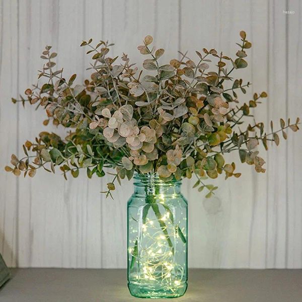 Flores decorativas Eucalipto artificial folhas caule de planta verde de plástico ramo com pequena alça para decoração de festa em casa Casamento de Natal