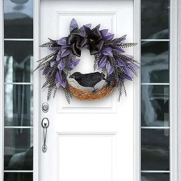 Flores decorativas AT69 -Halloween Greath for Front Door Halloween corvo com gravata arco Decoraion Grapevine artificial