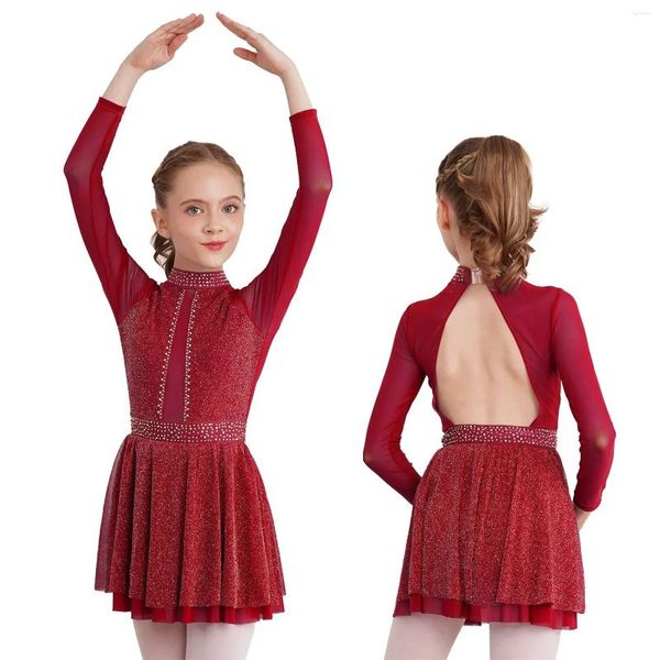 Bühne Wear Kids Girls Ballet Lyrische Tanzkleid Figur Eis Skating Performance Kostüm Langarm Shiny Mesh Gymnastics Lotard Tanzkleidung